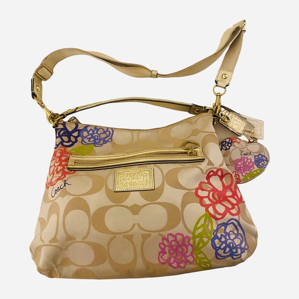 Coach Poppy Daisy Applique Hobo Shoulder Bag with Coin Purse Bag Charm F20791